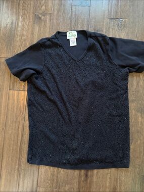 Black V-Neck Short Sleeve  💯 cotton Top with Sparkle Beading